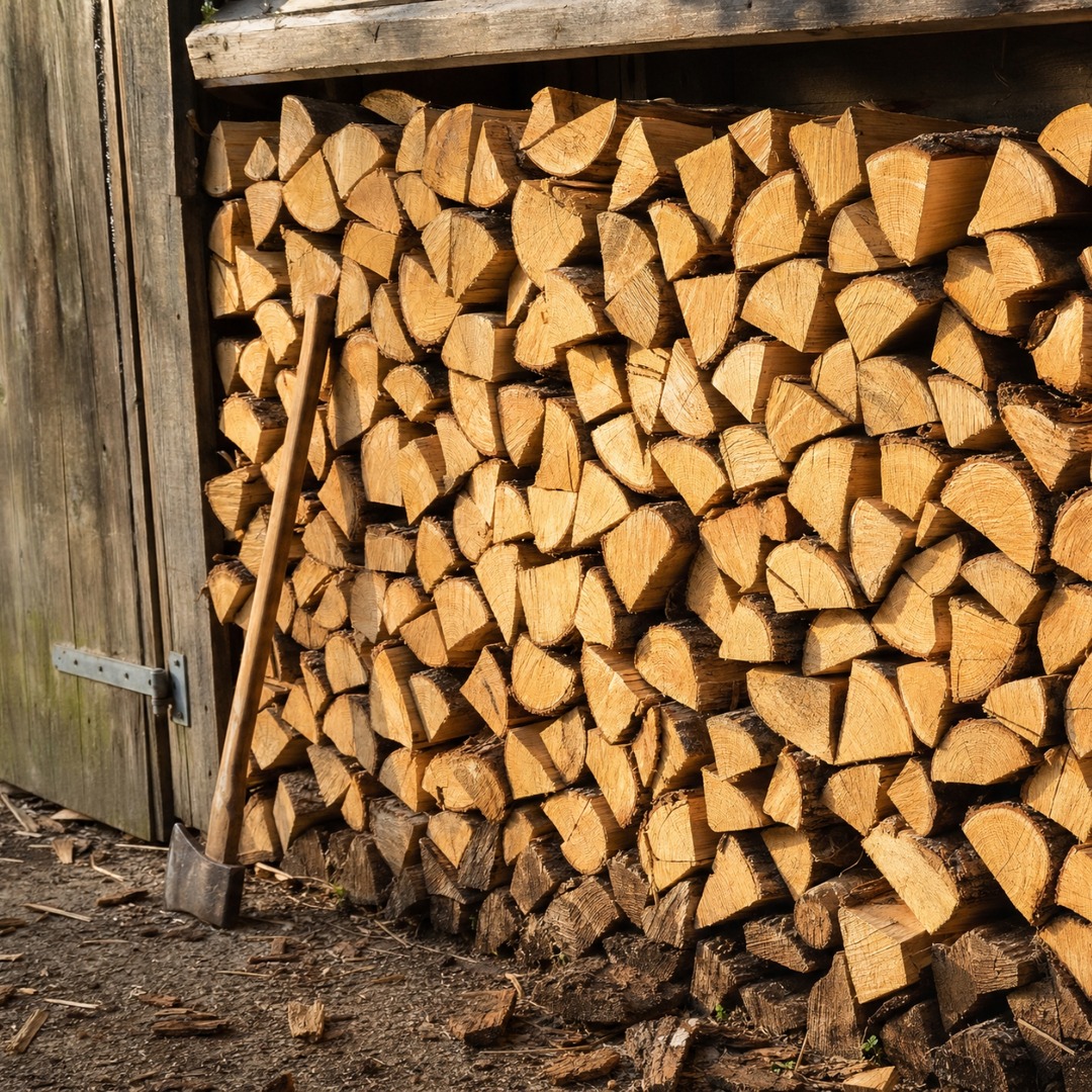 Gestapelte Buchenscheite an einer Holzwand im Licht der Nachmittagssonne