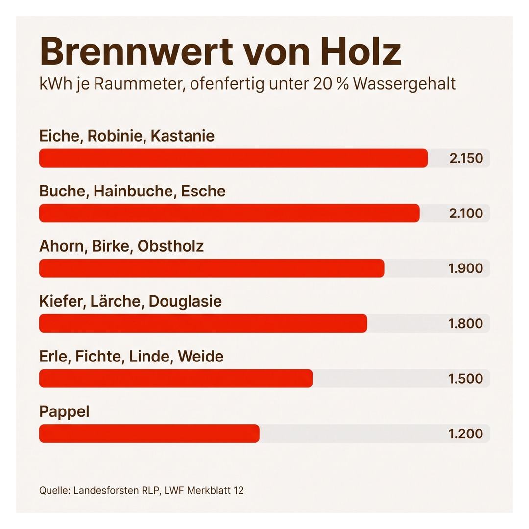 Balkendiagramm mit dem Brennwert von sechs Holzarten-Gruppen je Raummeter