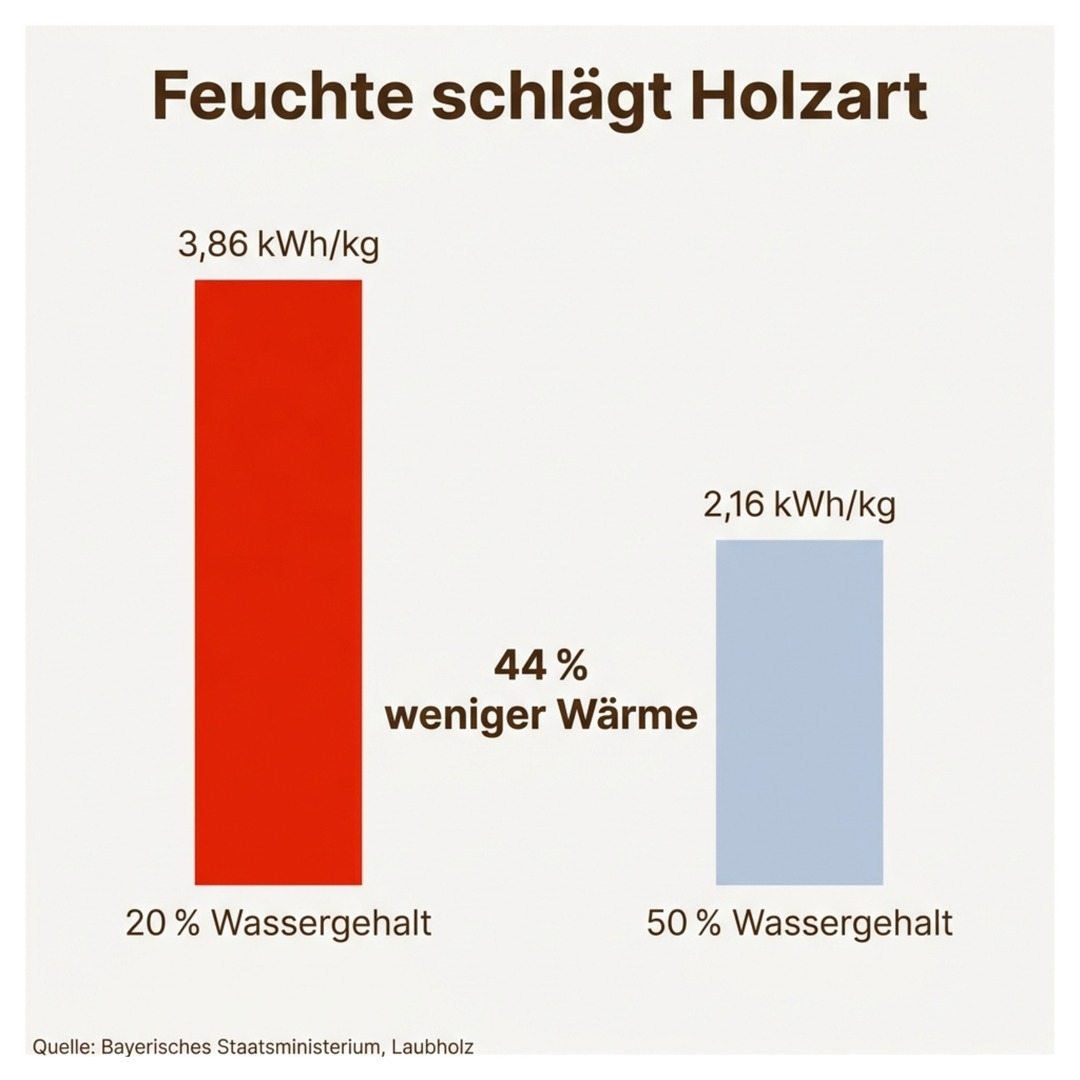 Vergleich des Heizwerts von Laubholz bei 20 und 50 Prozent Wassergehalt